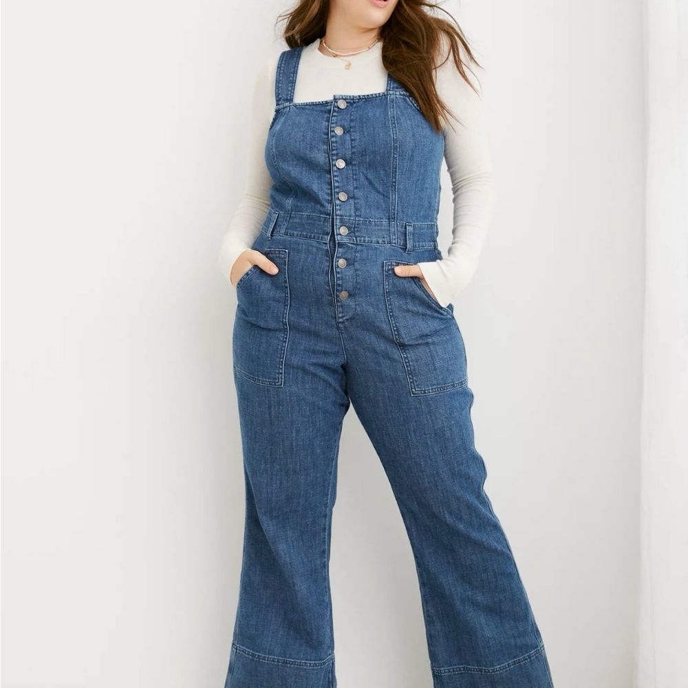 aerie Blue Button-Front Wide Leg Denim Overalls